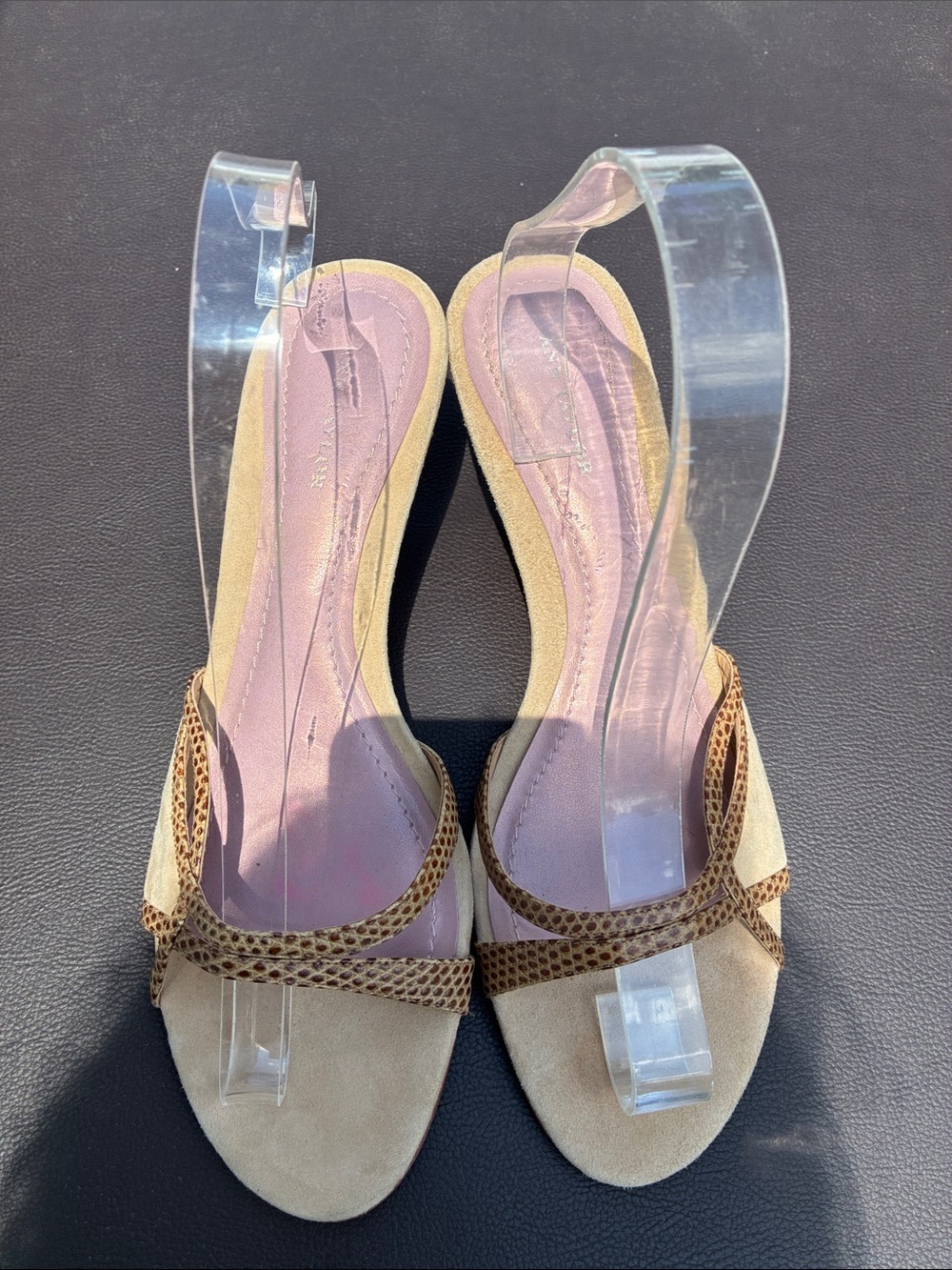 Ann Taylor Beige Suede Slingback Mules with Brown Trim